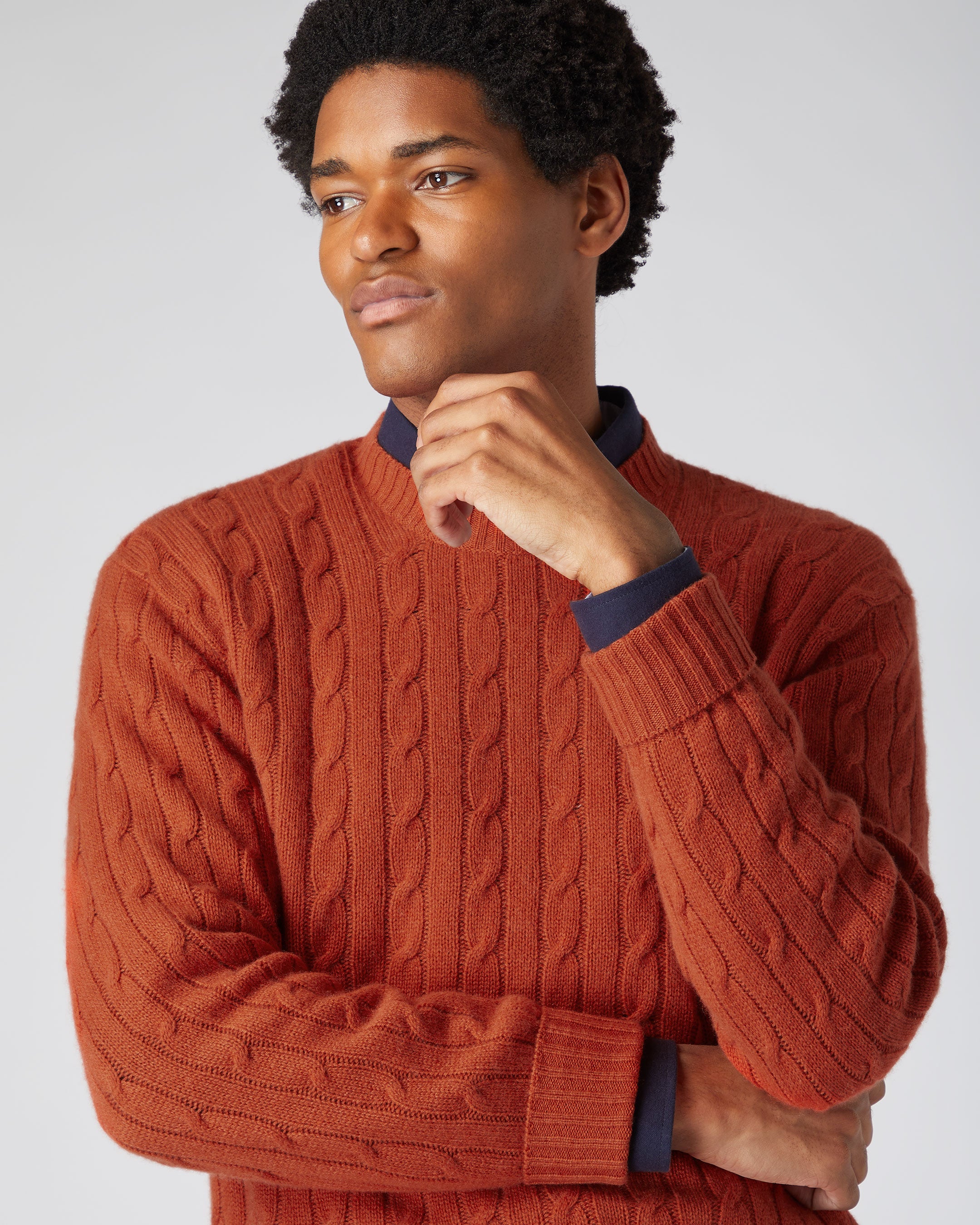 Men's The Thames Cable Cashmere Sweater Dark Amber Orange | N.Peal