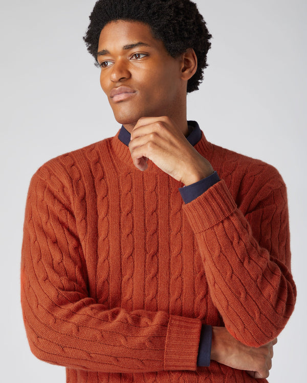 N.Peal Men's The Thames Cable Cashmere Sweater Dark Amber Orange