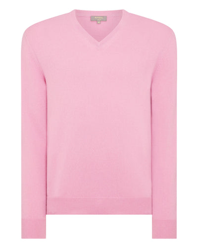 N.Peal Men's The Burlington V Neck Cashmere Sweater Burano Pink