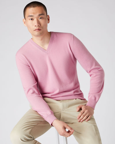 N.Peal Men's The Burlington V Neck Cashmere Sweater Burano Pink
