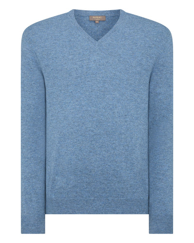 N.Peal Men's The Burlington V Neck Cashmere Sweater Faded Indigo Blue