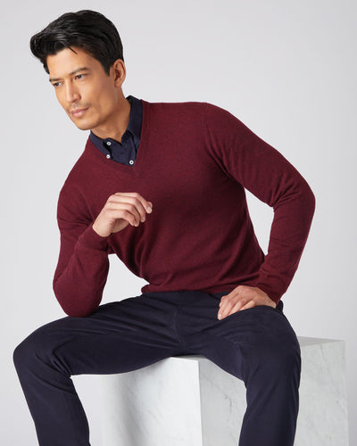 N.Peal Men's The Burlington V Neck Cashmere Sweater Shiraz Melange Red