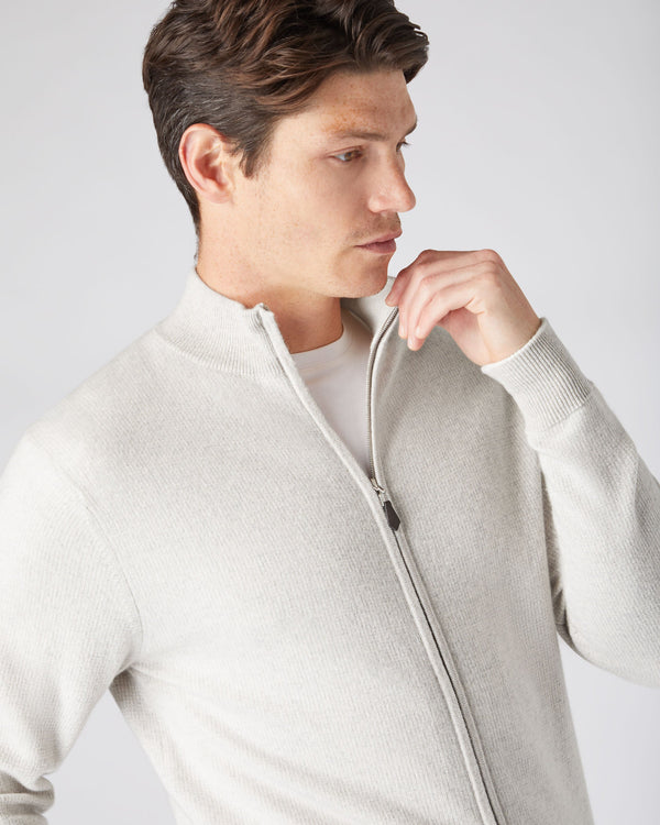 N.Peal Men's The Knightsbridge Zip Birdseye Cashmere Sweater Pebble Grey