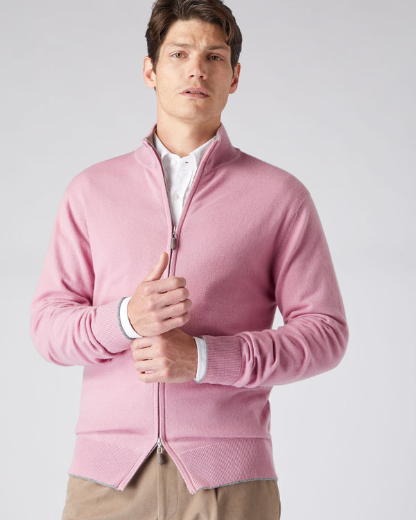 N.Peal Men's The Knightsbridge Zip Cashmere Sweater Burano Pink