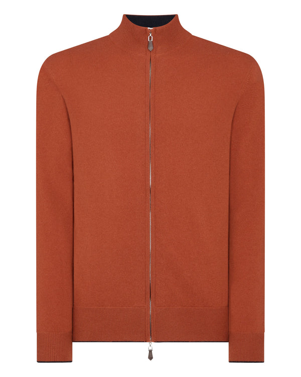 N.Peal Men's The Knightsbridge Zip Cashmere Sweater Dark Amber Orange