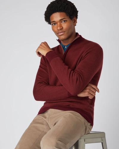 N.Peal Men's Fine Gauge Cashmere Pattern Half Zip Sweater Port Red