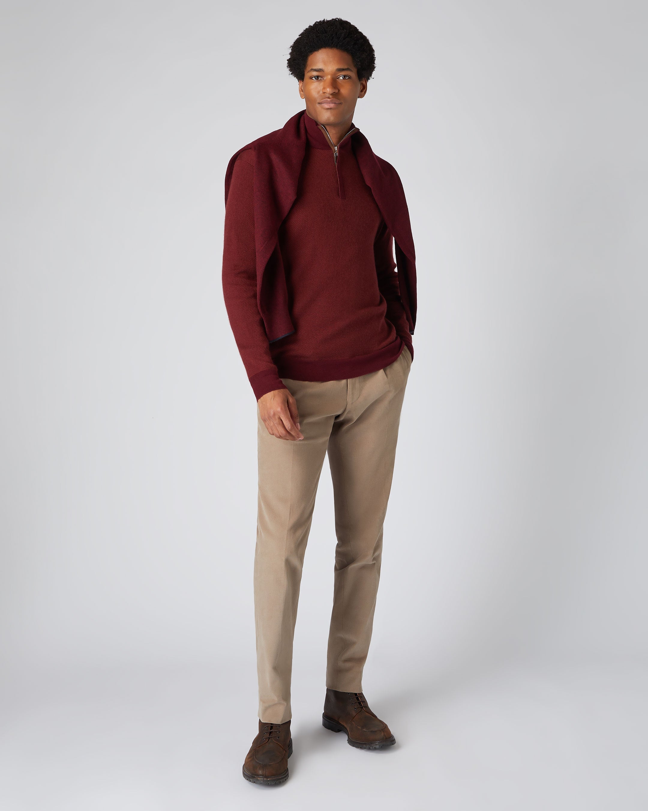 Men's Fine Gauge Cashmere Pattern Half Zip Sweater Port Red | N.Peal