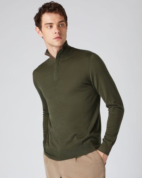 N.Peal Men's The Regent Fine Gauge Cashmere half Zip Sweater Montana Green