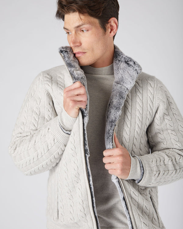N.Peal Men's Fur Lined Cable Cardigan Pebble Grey