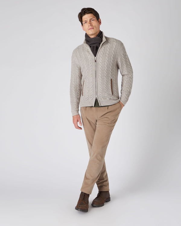 N.Peal Men's The Richmond Cable Cashmere Cardigan Basilica Beige Brown Marl