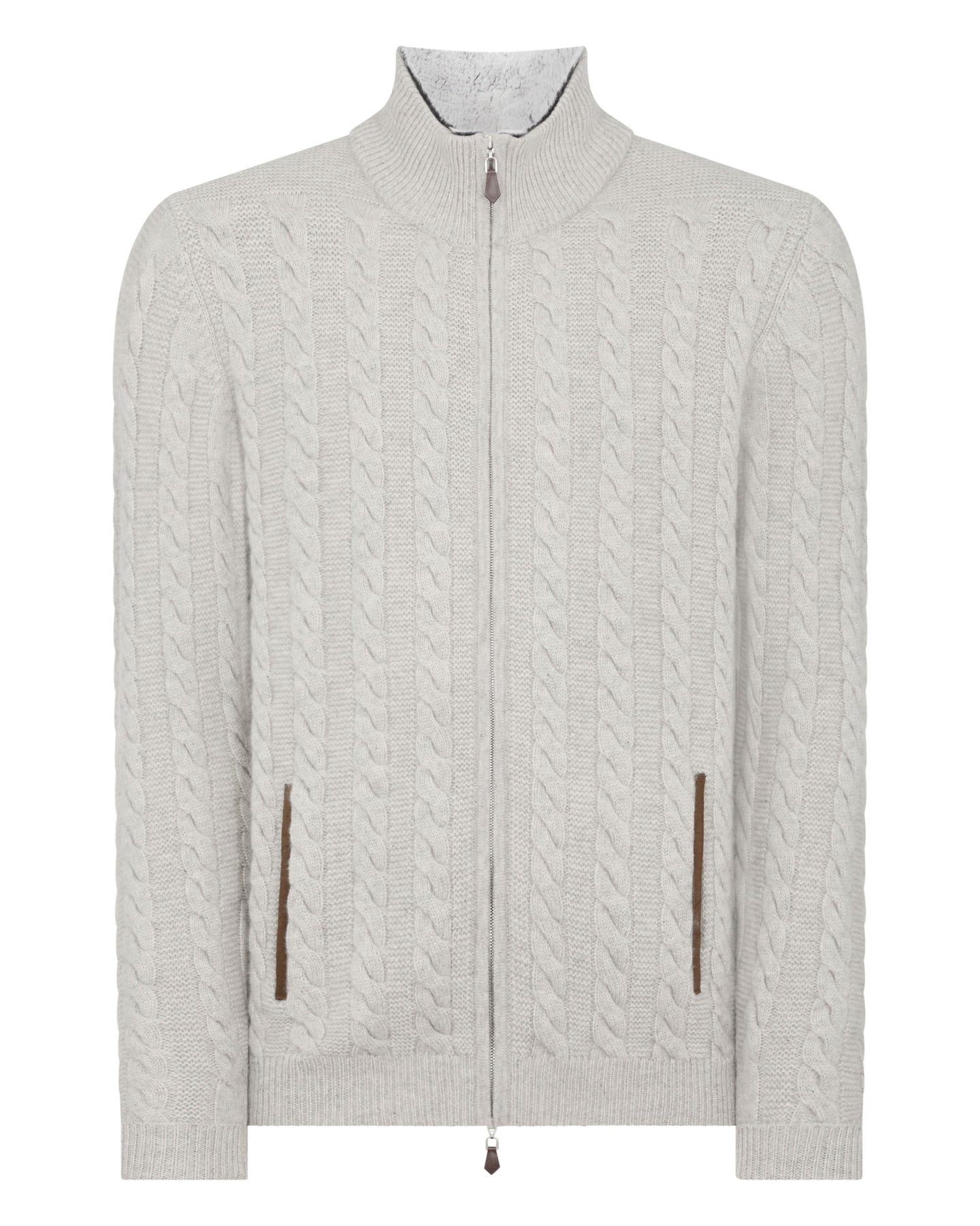 N.Peal Men's Fur Collar Cable Cashmere Cardigan Fumo Grey