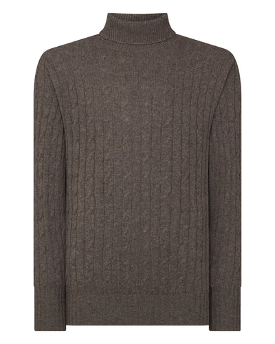 N.Peal Men's Classic Cable Turtle Neck Cashmere Sweater Biscotti Brown