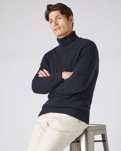 N.Peal Men's Classic Cable Turtle Neck Cashmere Sweater Navy Blue