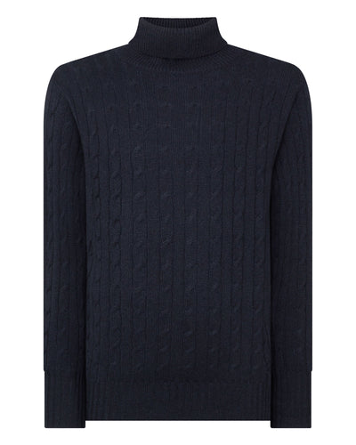 N.Peal Men's Classic Cable Turtle Neck Cashmere Sweater Navy Blue