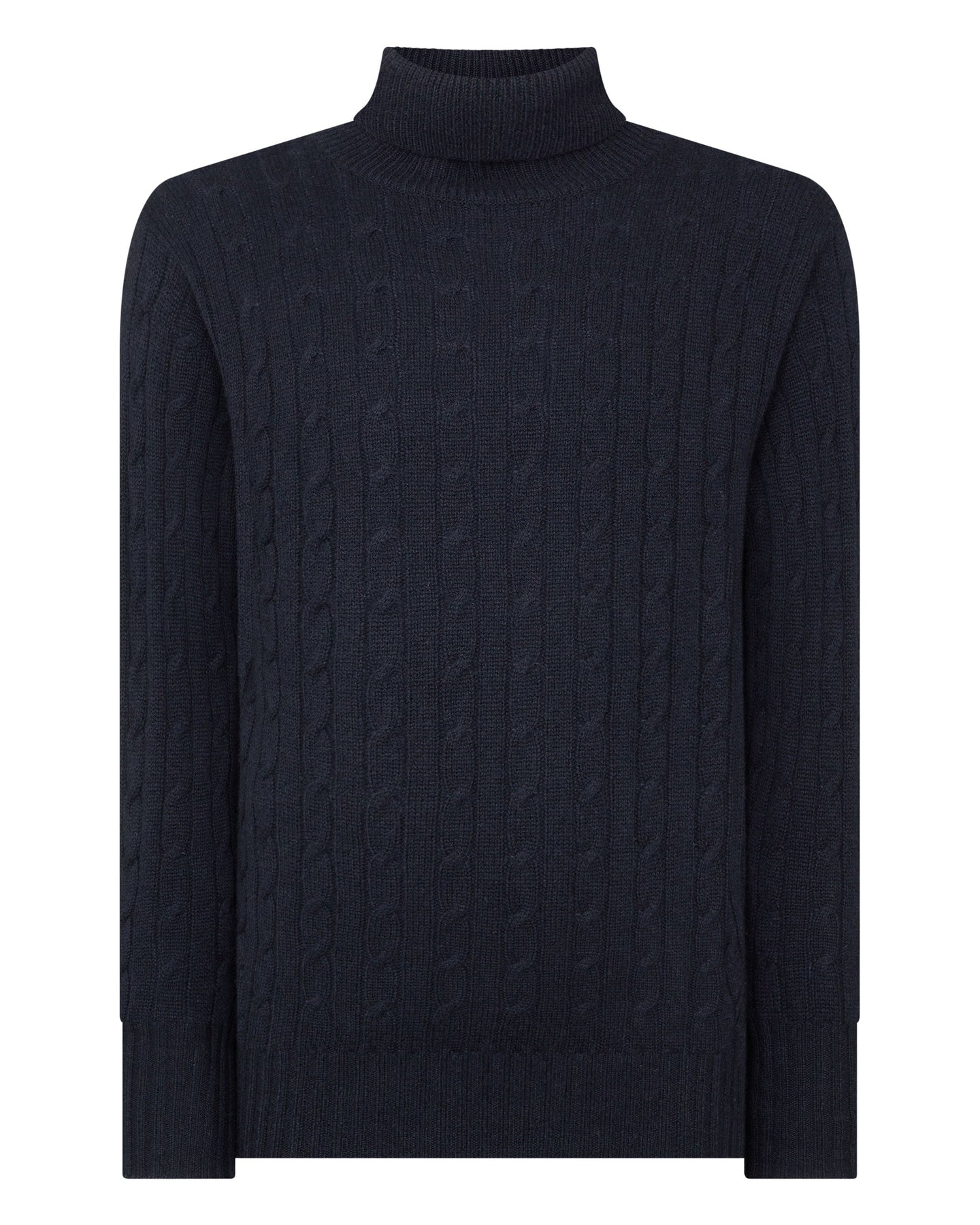 N.Peal Men's Classic Cable Roll Neck Cashmere Jumper Navy Blue