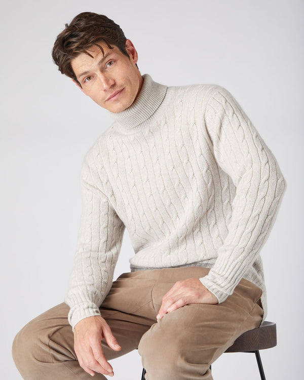 N.Peal Men's Classic Cable Turtle Neck Cashmere Sweater Pebble Grey