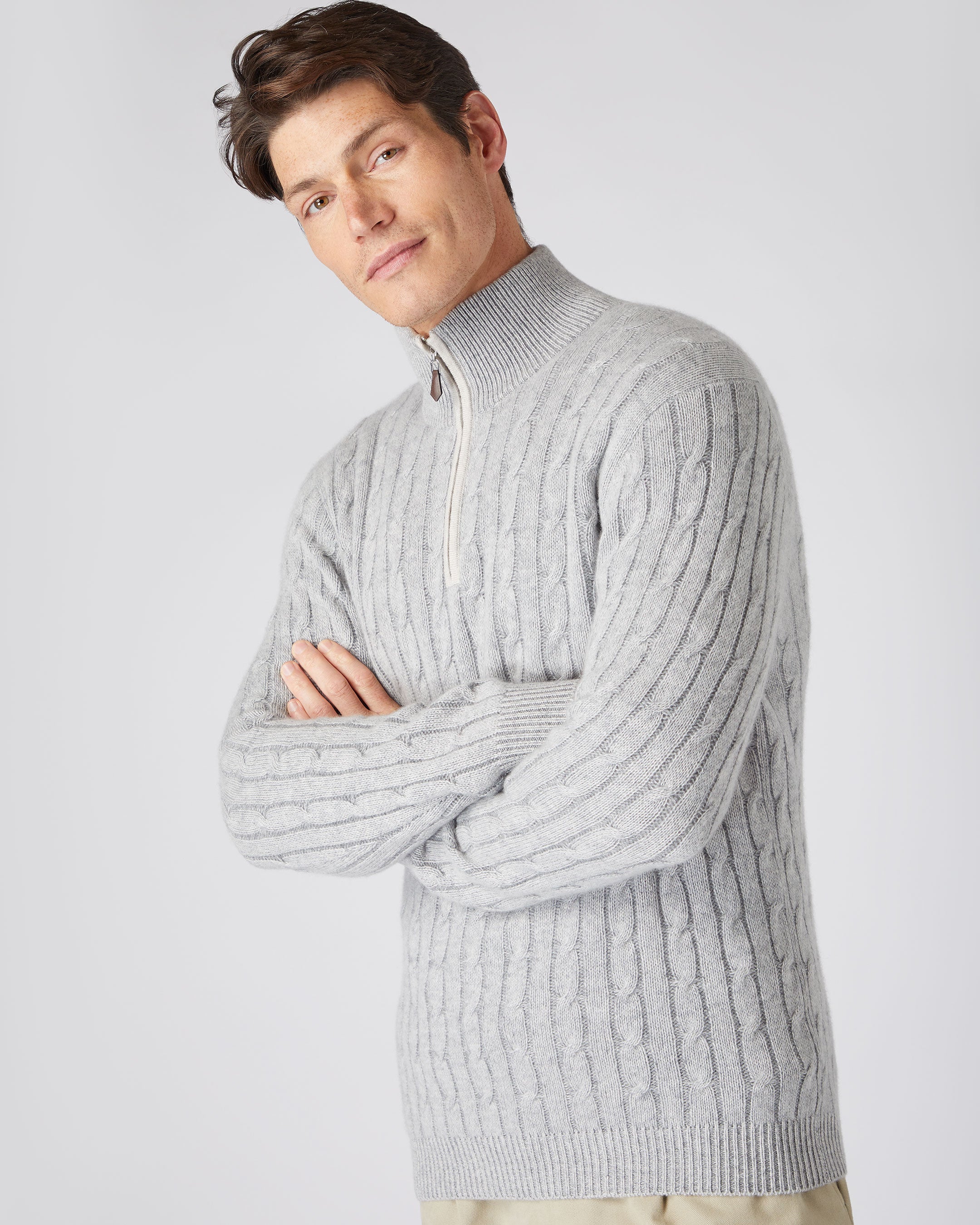 Men's Two Tone Cable Half Zip Cashmere Sweater Fumo Grey | N.Peal