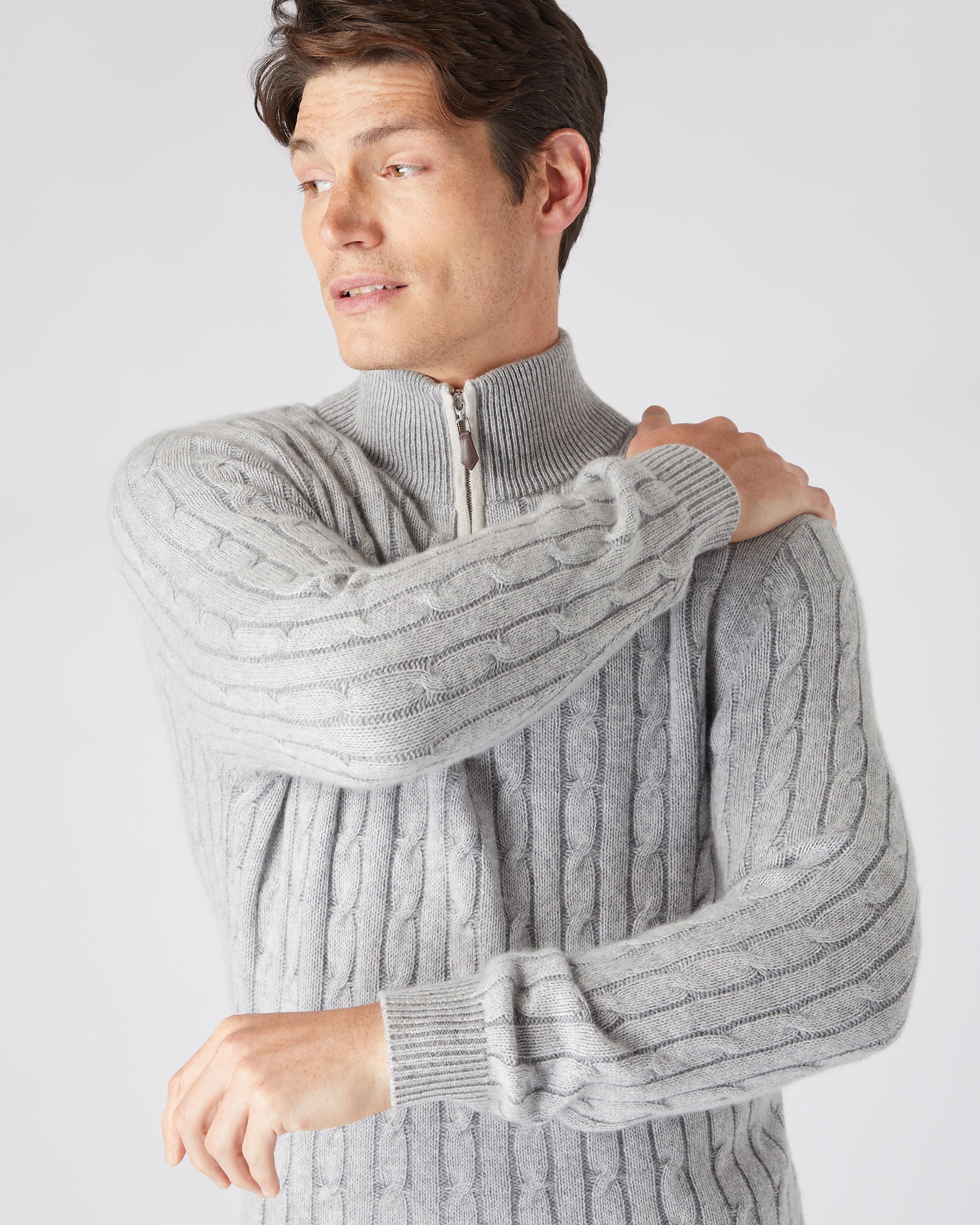 Men's Two Tone Cable Half Zip Cashmere Sweater Fumo Grey | N.Peal