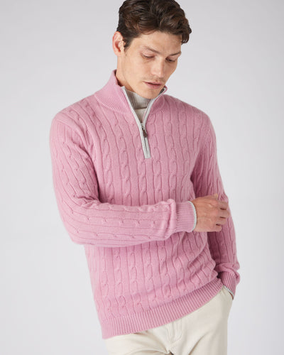 N.Peal Men's Cable Half Zip Cashmere Sweater Burano Pink