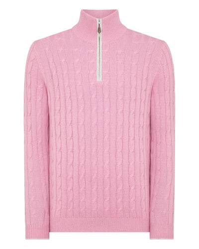 N.Peal Men's Cable Half Zip Cashmere Sweater Burano Pink