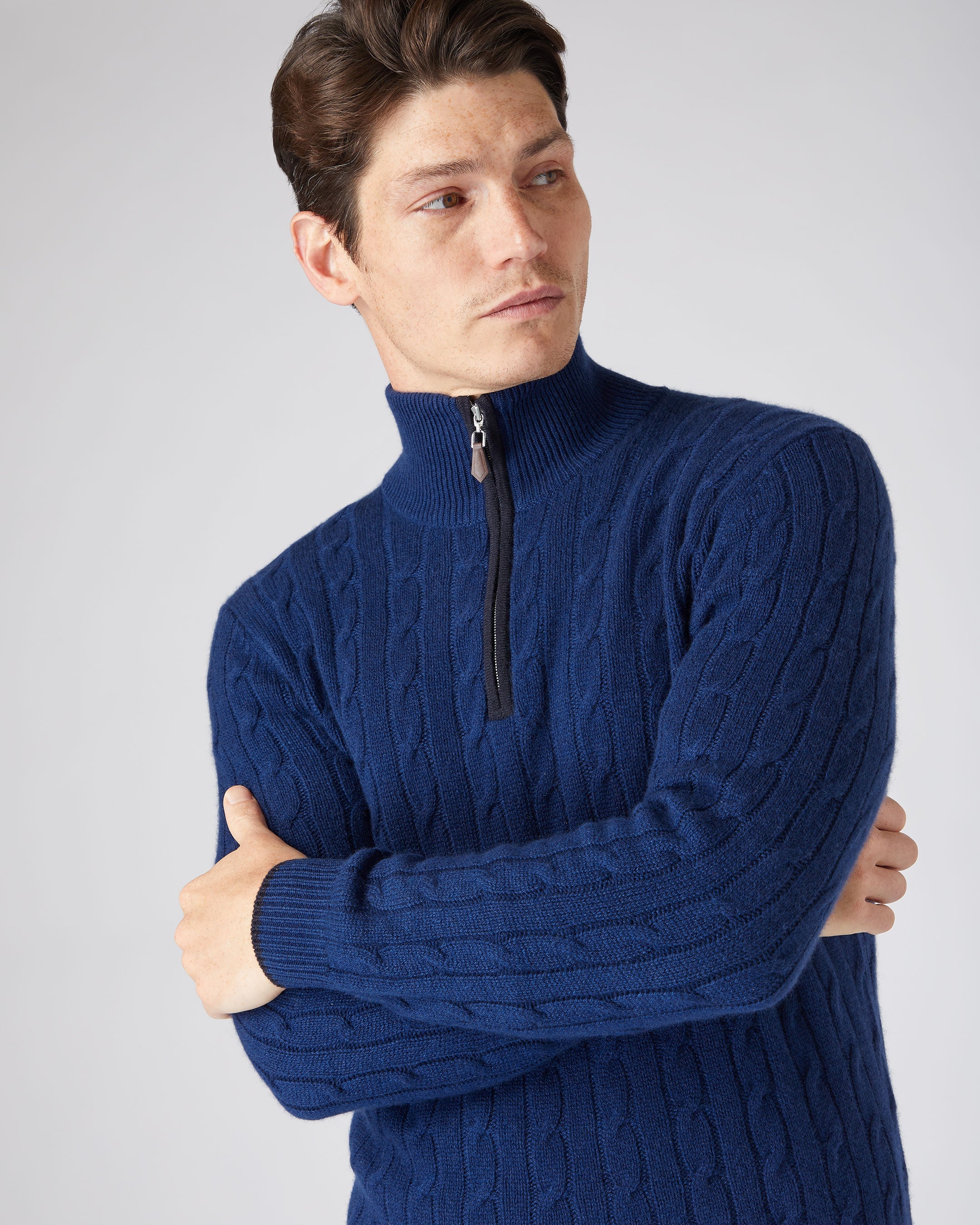 Men's Cable Half Zip Cashmere Sweater French Blue | N.Peal