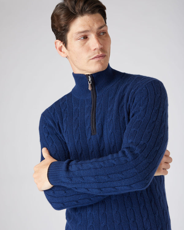 N.Peal Men's Cable Half Zip Cashmere Sweater French Blue