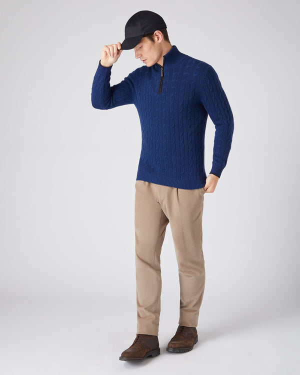 N.Peal Men's Cable Half Zip Cashmere Sweater French Blue