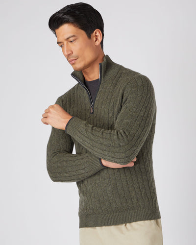 N.Peal Men's Cable Half Zip Cashmere Sweater Moss Green