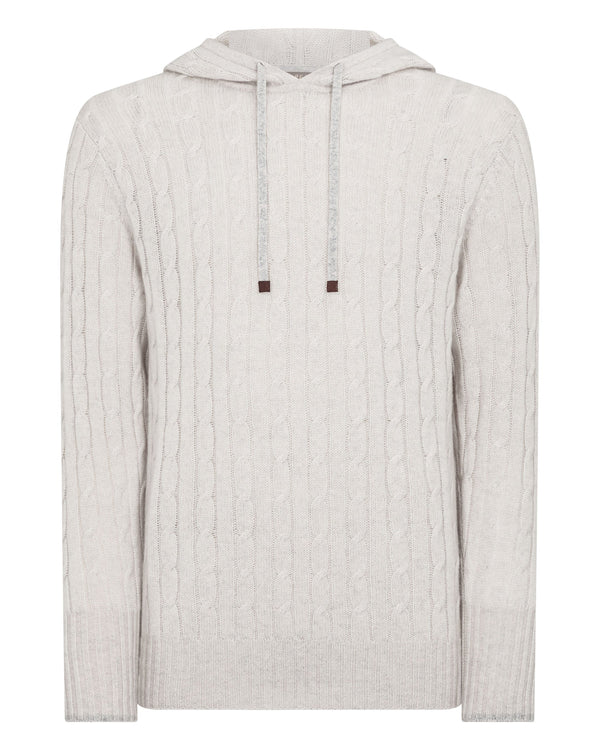 N.Peal Men's Cable Cashmere Hoodie Pebble Grey