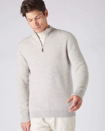 N.Peal Men's Two Tone Rib Half Zip Cashmere Sweater Sand Brown