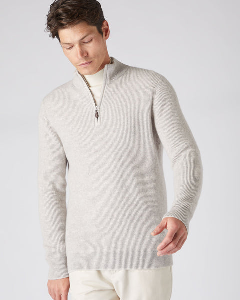 Men's Two Tone Rib Half Zip Cashmere Sweater Sand Brown | N.Peal