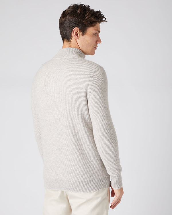 N.Peal Men's Two Tone Rib Half Zip Cashmere Sweater Sand Brown