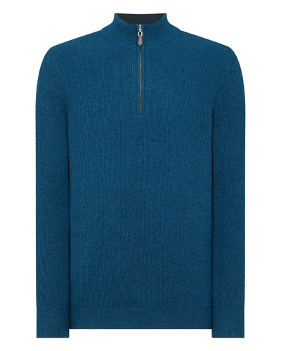 N.Peal Men's Ribbed Half Zip Cashmere Sweater Lagoon Blue