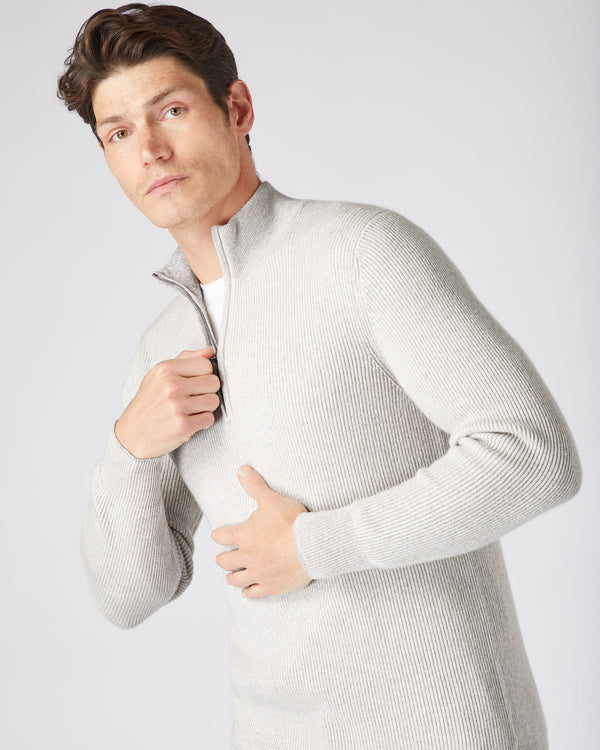 N.Peal Men's Ribbed Half Zip Cashmere Sweater Pebble Grey