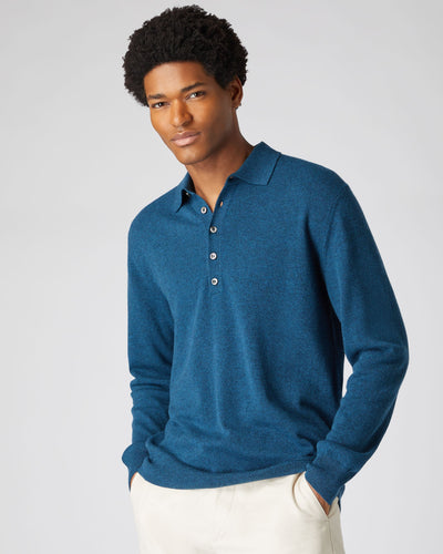 N.Peal Men's Button Cashmere Polo Shirt Lagoon Blue
