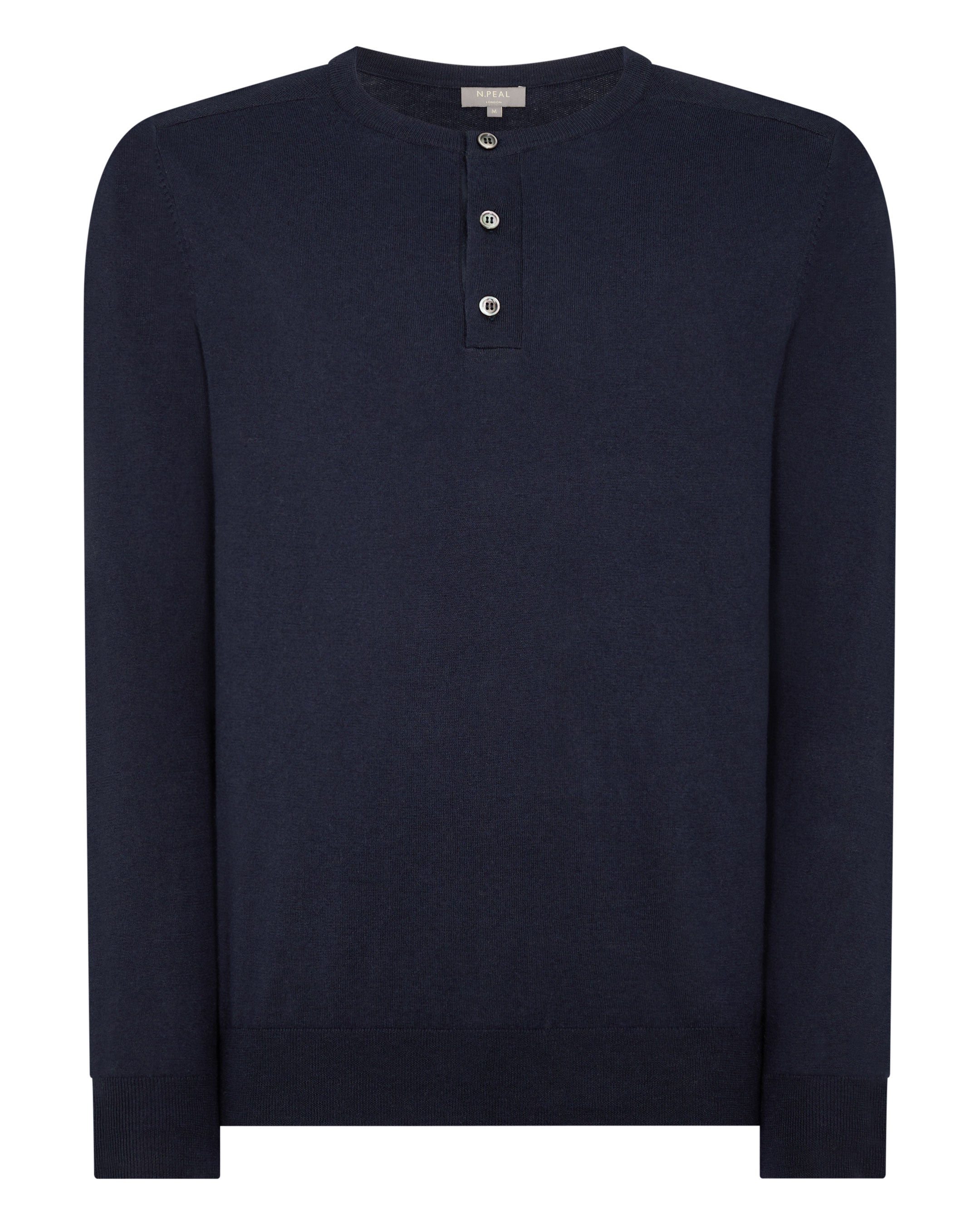 Men s Round Neck Cotton Cashmere Henley Navy Blue N.Peal