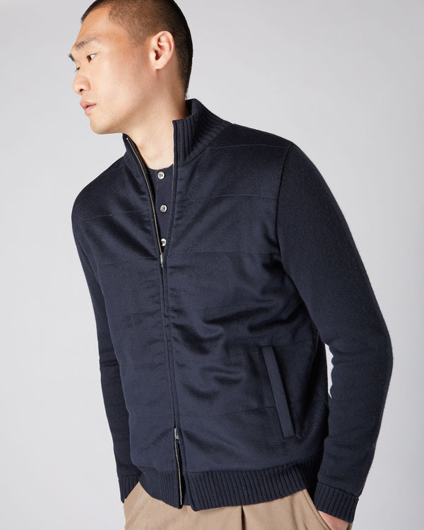 N.Peal Men's Cashmere Woven Front Jacket Navy Blue