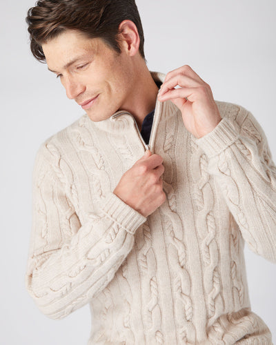N.Peal Men's Textured Cable Half Zip Cashmere Sweater Heather Beige Brown