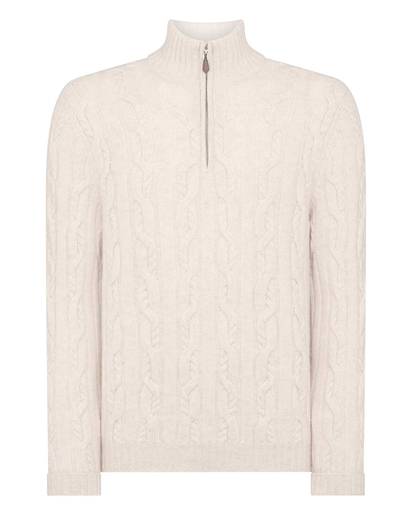N.Peal Men's Textured Cable Half Zip Cashmere Sweater Heather Beige Brown