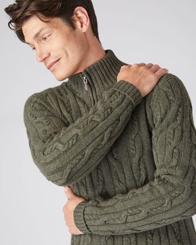 N.Peal Men's Textured Cable Half Zip Cashmere Sweater Moss Green