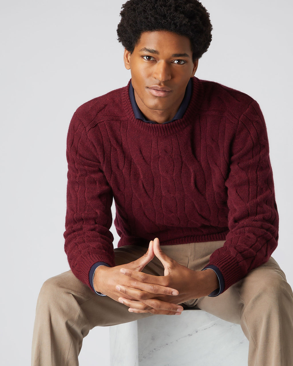 Men's Mutli Cable Round Neck Cashmere Sweater Shiraz Melange Red | N.Peal