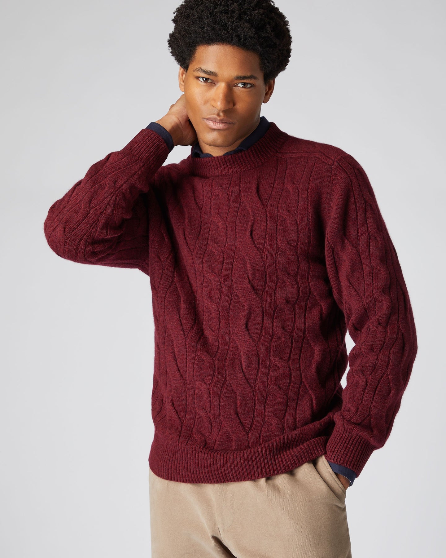 Men's Mutli Cable Round Neck Cashmere Sweater Shiraz Melange Red | N.Peal