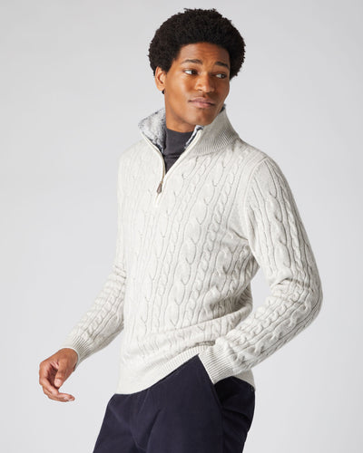 N.Peal Men's Fur Trim Half Zip Cashmere Sweater Pebble Grey