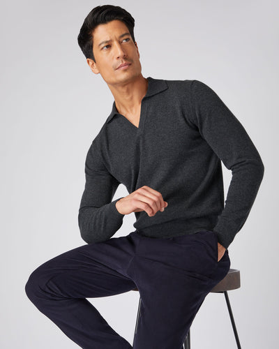 N.Peal Men's Cashmere Polo Sweater Dark Charcoal Grey