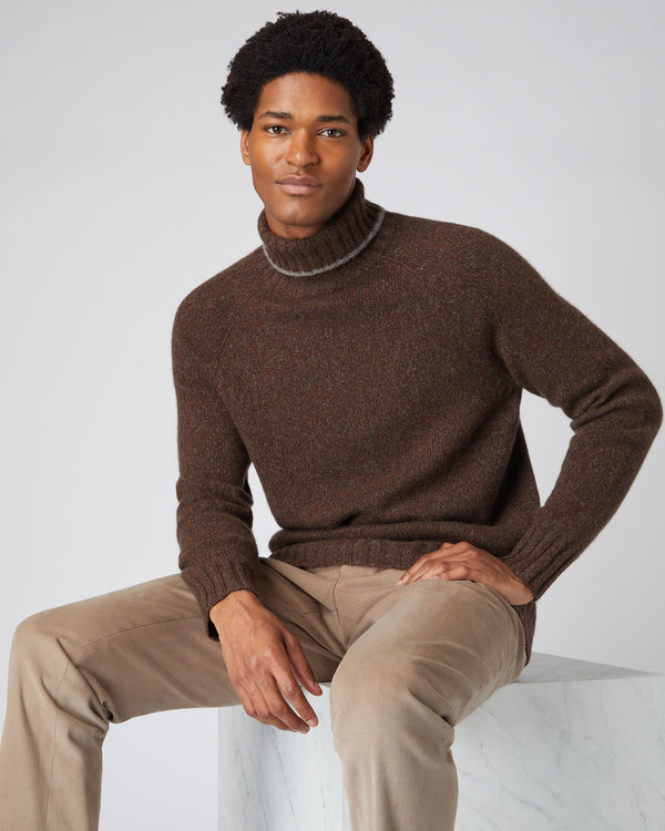 N.Peal Men's Marl Turtle Neck Cashmere Sweater Espresso Brown Marl