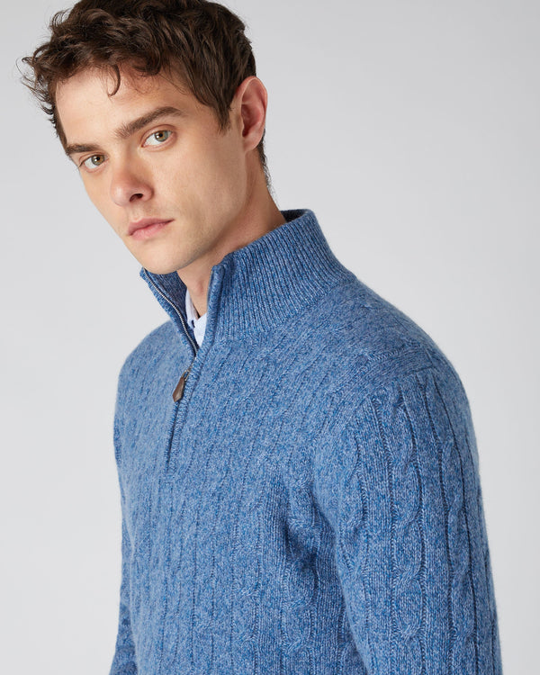 N.Peal Men's Marl Cable Half Zip Cashmere Sweater Denim Blue Marl
