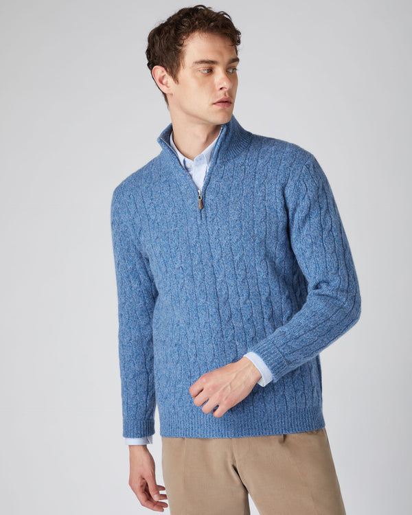 Men's Marl Cable Half Zip Cashmere Sweater Denim Blue Marl