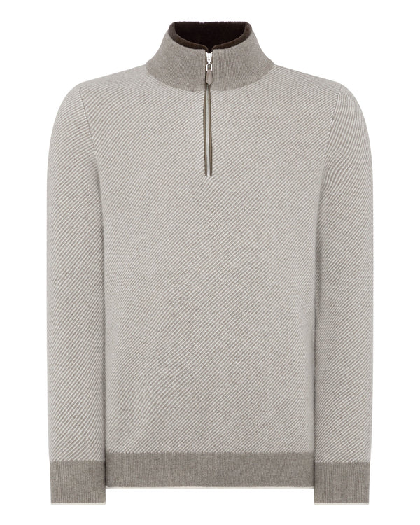 N.Peal Men's Fur Trim Half Zip Cashmere Sweater Taupe Brown