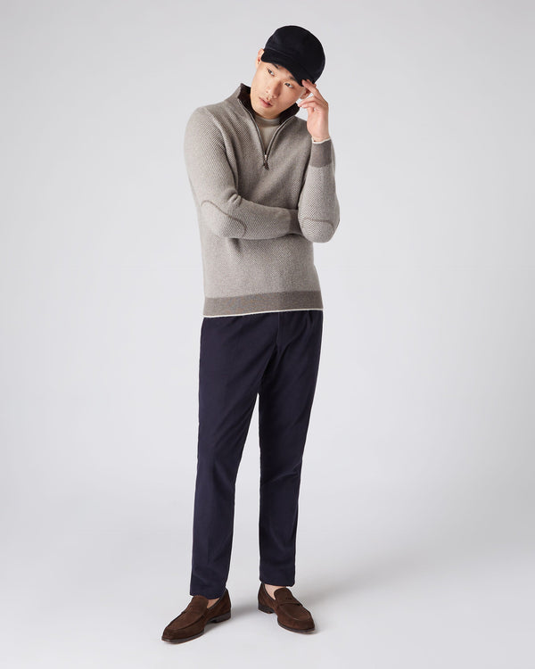 N.Peal Men's Fur Trim Half Zip Cashmere Sweater Taupe Brown