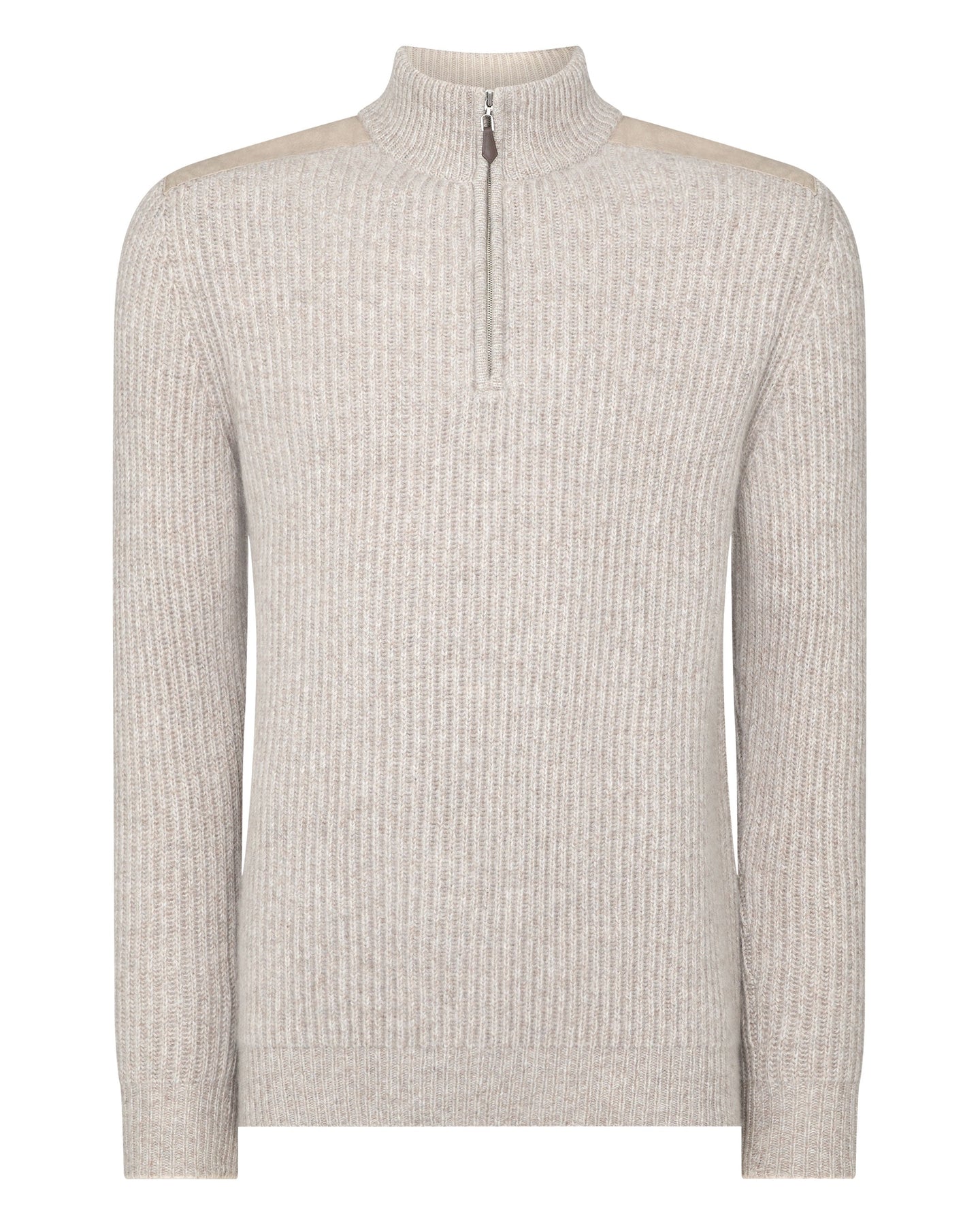 N.Peal Men's Marl Rib Half Zip Cashmere Jumper Basilica Beige Brown Marl
